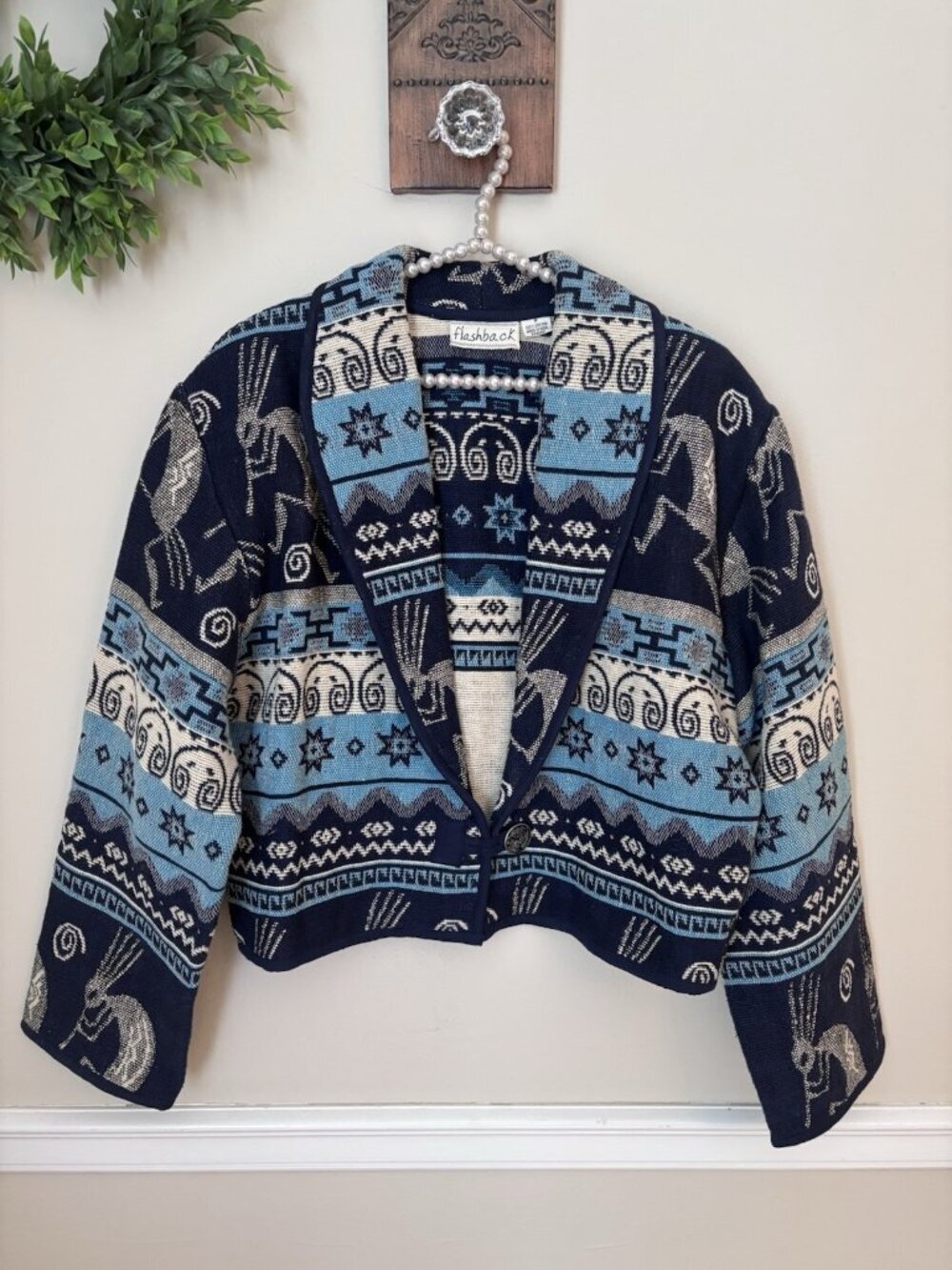 Vintage Flashback Womens Size M Kokopelli Tapestry Jacket Cotton Blue Cream